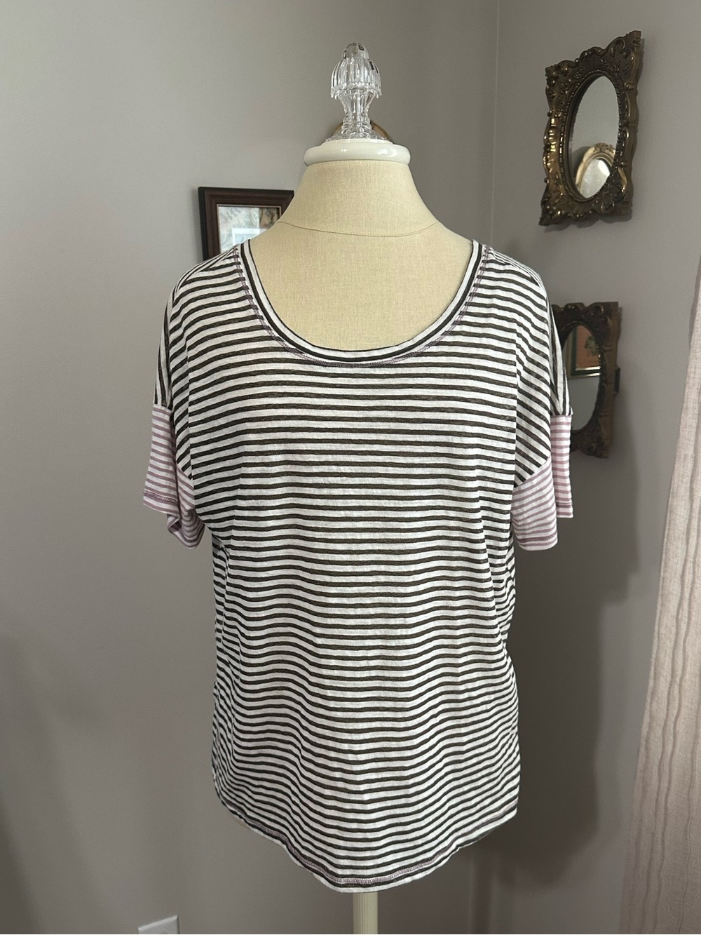 Hem & Thread Brown and Dusty Pink Striped Scoop Neck Tee